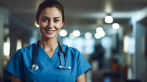 Portrait of smiling woman doctor with stethoscope in medical hospital with modern equipment. Hospital, medicine, doctor and pharmaceutical company, healthcare and health insurance.