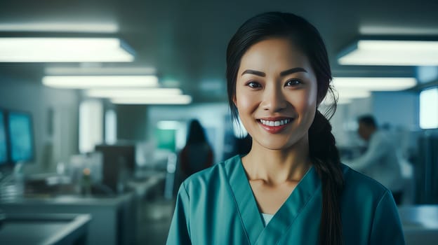 Portrait of smiling Asian Korean woman doctor with stethoscope in medical hospital with modern equipment. Hospital, medicine, doctor and pharmaceutical company, healthcare and health insurance.