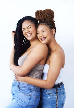 Studio, women and lgbtq with smile in fashion for gay pride, romantic and solidarity on white background. Lesbian, partner and couple with care in love for style, support and happiness together.