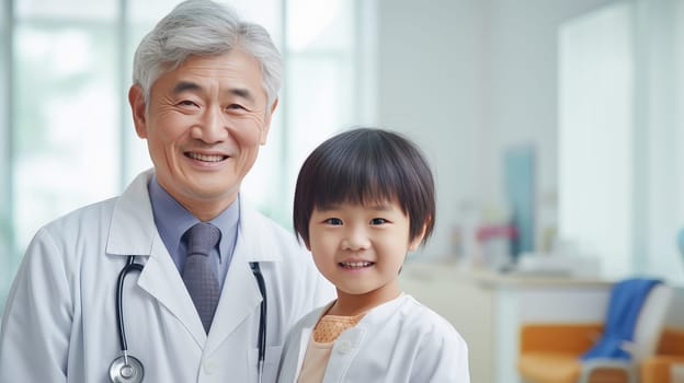 Portrait of a smiling elderly Asian Korean doctor man with a stethoscope in a medical hospital with modern equipment. Hospital, medicine, doctor and pharmaceutical company, healthcare and health insurance.