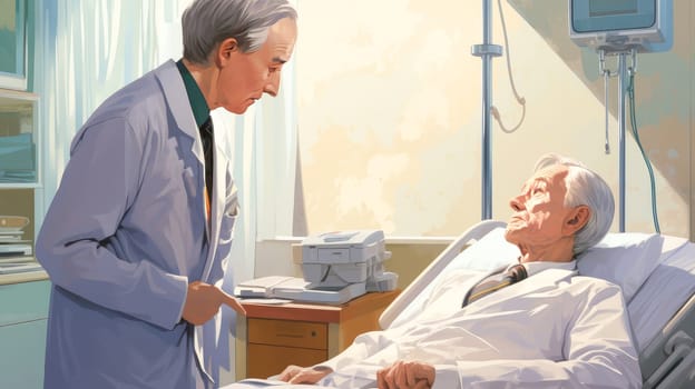 An old elderly patient in poor condition is a patient who needs help from a doctor in a medical hospital with modern equipment. Hospital, medicine, doctor and pharmaceutical company, healthcare and health insurance.