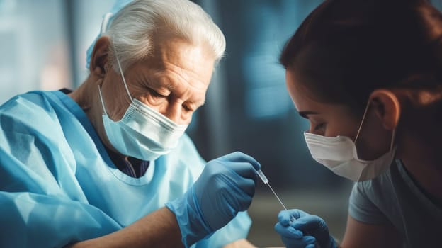 An old elderly doctor puts a vaccine in a medical hospital with modern equipment. Hospital, medicine, doctor and pharmaceutical company, healthcare and health insurance.