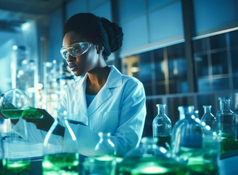 Doctor woman dark-skinned African American in a modern laboratory in a medical hospital with modern equipment. Hospital, medicine, doctor and pharmaceutical company, healthcare and health insurance.