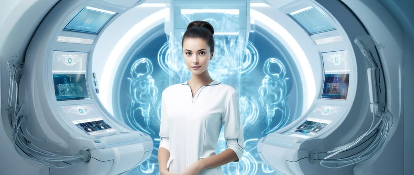 Doctor woman in a modern bright room in a medical hospital with modern equipment, new technologies. Hospital, medicine, doctor and pharmaceutical company, healthcare and health insurance.
