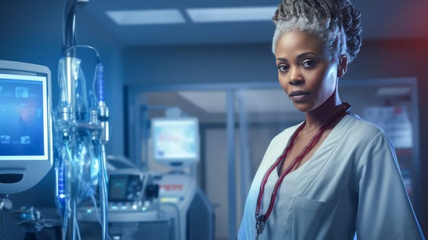 Doctor woman dark-skinned African American in a modern light-colored medical hospital with modern equipment, new technologies. Hospital, medicine, doctor and pharmaceutical company, healthcare and health insurance.