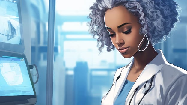 Doctor woman dark-skinned African American in a modern light-colored medical hospital with modern equipment, new technologies. Hospital, medicine, doctor and pharmaceutical company, healthcare and health insurance.