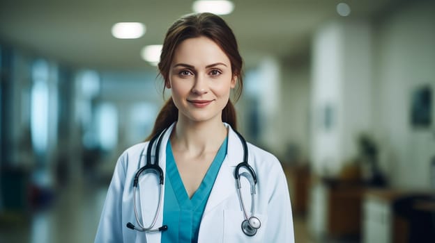 Doctor woman in a modern bright room in a medical hospital with modern equipment, new technologies. Hospital, medicine, doctor and pharmaceutical company, healthcare and health insurance.