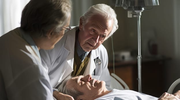 Treatment An elderly old patient lies in a bed in a ward in a nursing home and with modern equipment, new technologies. Hospital, medicine, doctor and pharmaceutical company, healthcare and health insurance.