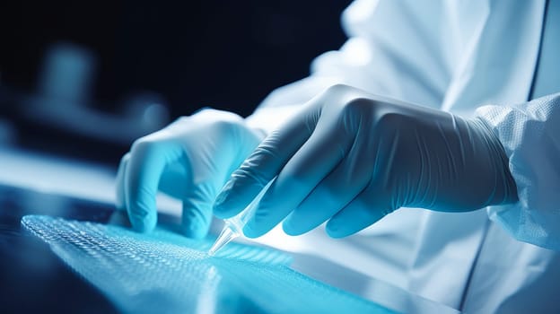 Doctor's hands in gloves with test tubes.