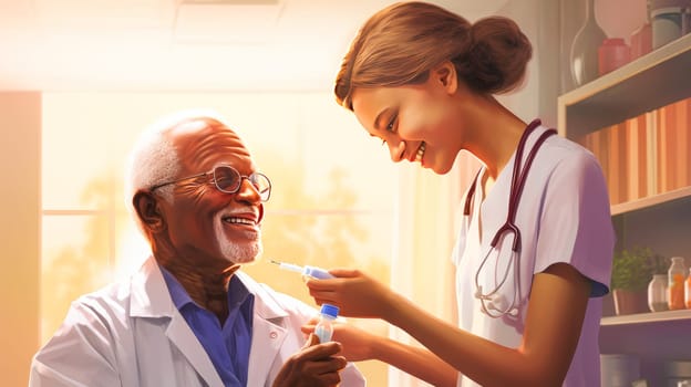 An elderly old patient, a dark-skinned African-American woman, at an appointment with a doctor in a modern bright medical ward of a hospital with modern equipment, new technologies. Hospital, medicine, doctor and pharmaceutical company, healthcare and health insurance.