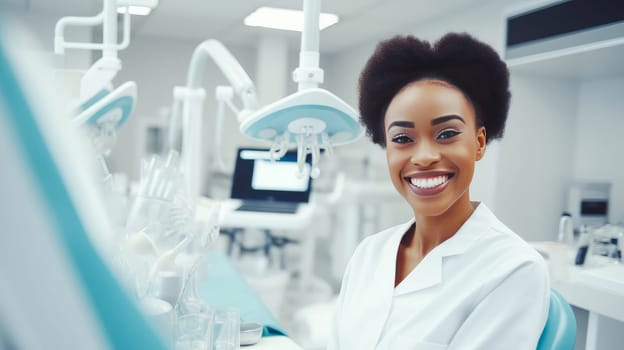 Doctor woman dark-skinned African American in a modern light-colored medical hospital with modern equipment, new technologies. Hospital, medicine, doctor and pharmaceutical company, healthcare and health insurance.