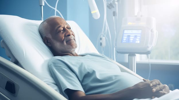 Male patient, elderly dark-skinned African American woman, in a modern, light-colored medical ward of a hospital with modern equipment, new technologies. Hospital, medicine, doctor and pharmaceutical company, healthcare and health insurance.