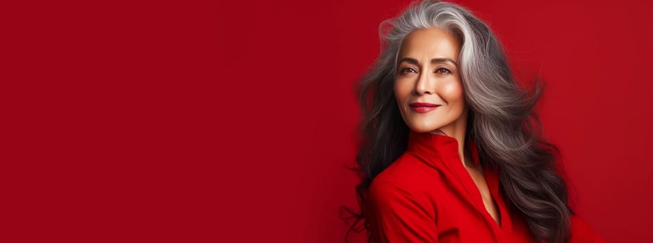 Elegant, elderly, chic Latino, Spain woman with gray long hair and perfect skin, on a red background, banner. Advertising of cosmetic products, spa treatments, shampoos and hair care products dentistry and medicine, perfumes and cosmetology for women