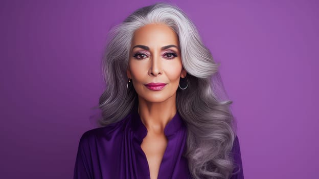 Elegant, elderly, chic latino, Spain woman with gray long hair and perfect skin, purple background, banner. Advertising of cosmetic products, spa treatments, shampoos and hair care products, dentistry and medicine, perfumes and cosmetology for women