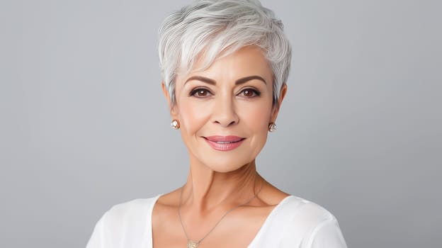 Elegant smiling elderly, chic Latino, Spain woman with gray hair and perfect skin, white background, banner. Advertising of cosmetic products, spa treatments, shampoos and hair care products, dentistry and medicine, perfumes and cosmetology for women