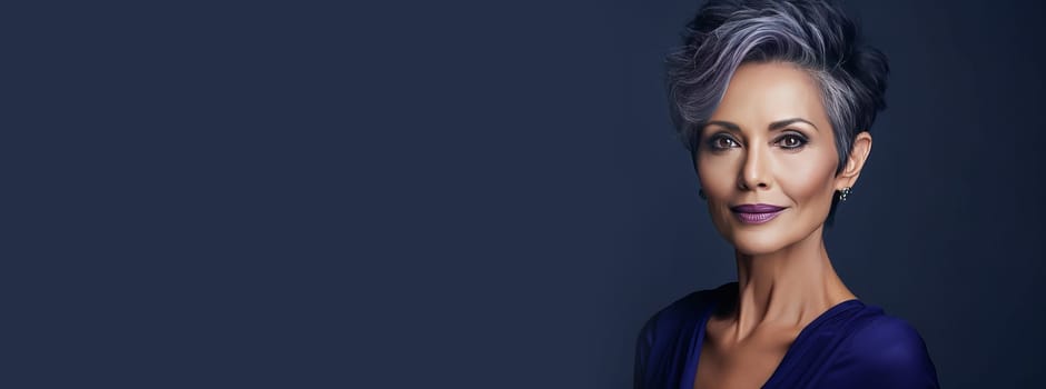 Elegant, smiling elderly, chic latino, Spain woman with gray hair and perfect skin, blue background banner. Advertising of cosmetic products, spa treatments, shampoos and hair care products, dentistry and medicine, perfumes and cosmetology for women