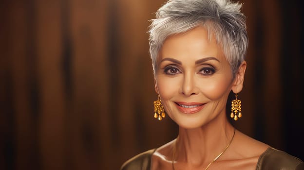 Elegant, smiling elderly, chic latino, Spain woman with gray hair and perfect skin, gold background banner. Advertising of cosmetic products, spa treatments, shampoos and hair care products, dentistry and medicine, perfumes and cosmetology for women