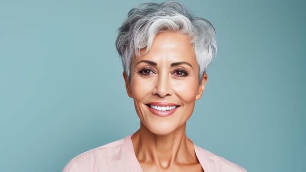 Elegant, smiling elderly, chic latino, Spain woman with gray hair and perfect skin, green background banner. Advertising of cosmetic products, spa treatments, shampoos and hair care products, dentistry and medicine, perfumes and cosmetology for women