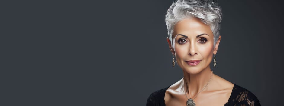 Elegant, smiling elderly, chic latino, Spain woman with gray hair and perfect skin, gray background banner. Advertising of cosmetic products, spa treatments, shampoos and hair care products, dentistry and medicine, perfumes and cosmetology for women