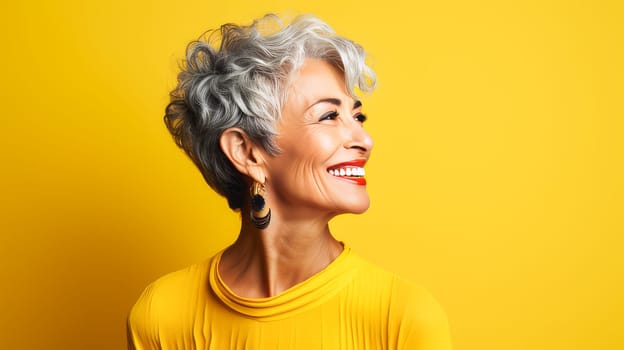 Elegant, smiling elderly, chic latino, Spain woman with gray hair and perfect skin, yellow background banner. Advertising of cosmetic products, spa treatments, shampoos and hair care products, dentistry and medicine, perfumes and cosmetology women