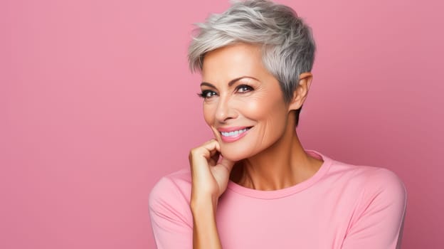 Elegant, smiling elderly, chic latino, Spain woman with gray hair and perfect skin, pink background banner. Advertising of cosmetic products, spa treatments, shampoos and hair care products, dentistry and medicine, perfumes and cosmetology for women