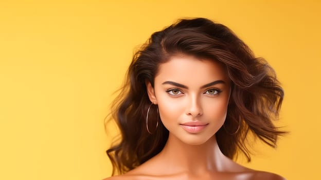Portrait of a beautiful, elegant, sexy Latino, Spain woman with perfect skin, on a yellow background, banner. Advertising of cosmetic products, spa treatments, shampoos and hair care products dentistry and medicine, perfumes and cosmetology for women