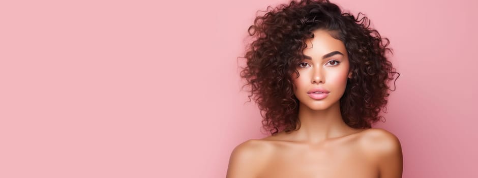 Beautiful, elegant, sexy Latino, Spain woman with perfect skin, on a pink background, banner. Advertising of cosmetic products, spa treatments, shampoos and hair care products, dentistry and medicine, perfumes and cosmetology for women