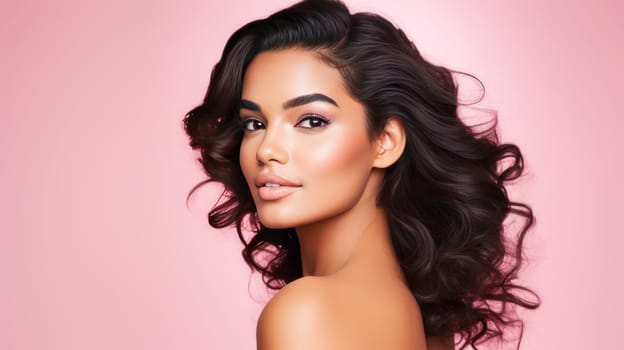 Beautiful, elegant, sexy Latino, Spain woman with perfect skin, on a pink background, banner. Advertising of cosmetic products, spa treatments, shampoos and hair care products, dentistry and medicine, perfumes and cosmetology for women