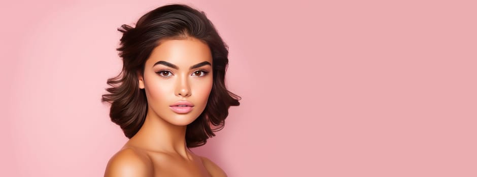 Beautiful, elegant, sexy Latino, Spain woman with perfect skin, on a pink background, banner. Advertising of cosmetic products, spa treatments, shampoos and hair care products, dentistry and medicine, perfumes and cosmetology for women