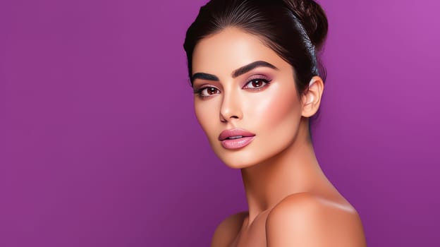 Beautiful, elegant, sexy Latino, Spain woman with perfect skin, on a purple background, banner. Advertising of cosmetic products, spa treatments, shampoos and hair care products, dentistry and medicine, perfumes and cosmetology for women