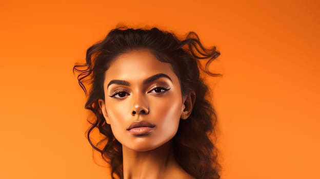 Beautiful, elegant, sexy Latino, Spain woman with perfect skin, on an orange background, banner. Advertising of cosmetic products, spa treatments, shampoos and hair care products, dentistry and medicine, perfumes and cosmetology for women