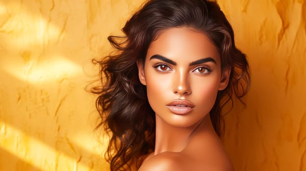 Beautiful, elegant, sexy Latino, Spain woman with perfect skin, on a golden background, banner. Advertising of cosmetic products, spa treatments, shampoos and hair care products, dentistry and medicine, perfumes and cosmetology for women