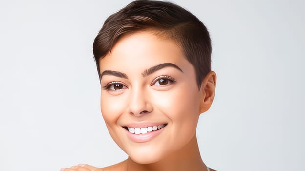 Beautiful, elegant, sexy Latino, Spain, short-haired woman with perfect skin, on a white background, banner. Advertising of cosmetic products, spa treatments, shampoos and hair care products, dentistry and medicine, perfumes and cosmetology for women