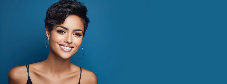 Beautiful, elegant, sexy Latino, Spain with short haircut woman with perfect skin, blue background, banner. Advertising of cosmetic products, spa treatments, shampoos and hair care products, dentistry and medicine, perfumes and cosmetology for women