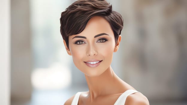 Beautiful, elegant sexy Latino, Spain with short haircut woman with perfect skin, silver background, banner. Advertising of cosmetic products, spa treatments, shampoos and hair care products, dentistry and medicine, perfumes and cosmetology for women