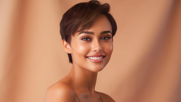 Beautiful, elegant, sexy Latino, Spain with short haircut woman with perfect skin, beige background, banner. Advertising of cosmetic products, spa treatments, shampoos and hair care products, dentistry and medicine, perfumes and cosmetology for women