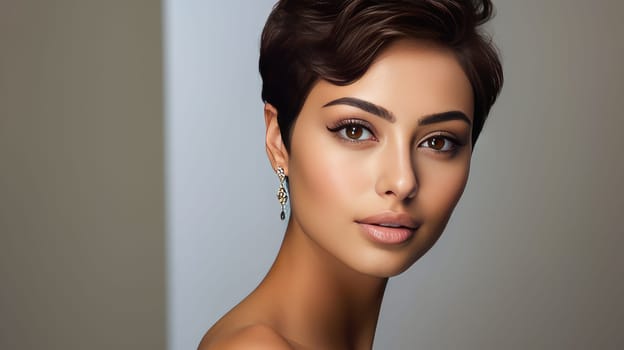 Beautiful, elegant, sexy Latino, Spain with short haircut woman with perfect skin, gray background, banner. Advertising of cosmetic products, spa treatments, shampoos and hair care products, dentistry and medicine, perfumes and cosmetology for women