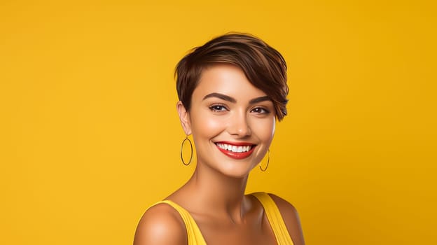Beautiful, elegant sexy Latino, Spain with short haircut woman with perfect skin, yellow background, banner. Advertising of cosmetic products, spa treatments, shampoos and hair care products, dentistry and medicine, perfumes and cosmetology for women