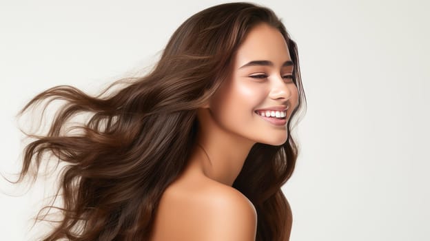 Beautiful, elegant, sexy Latino, Spain woman with long hair with perfect skin, white background, banner. Advertising of cosmetic products, spa treatments, shampoos and hair care products, dentistry and medicine, perfumes and cosmetology for women