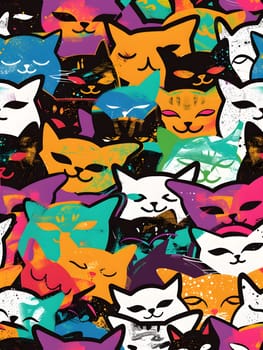 A vibrant design featuring a seamless pattern of colorful cats with their eyes closed. This textile art showcases the beauty of Felidae, a carnivorous mammal, in a graffitiinspired painting style