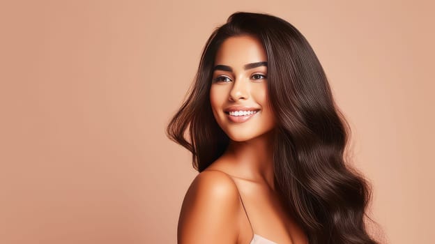 Beautiful, elegant, sexy Latino, Spain woman with long hair with perfect skin, creamy beige background, banner. Advertising of cosmetic products, spa treatments, shampoos and hair care products, dentistry and medicine, perfumes and cosmetology women