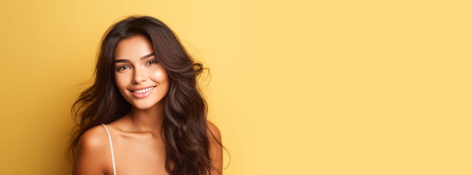 Beautiful, elegant, sexy Latino, Spain woman with long hair with perfect skin, yellow background, banner. Advertising of cosmetic products, spa treatments, shampoos and hair care products, dentistry and medicine, perfumes and cosmetology for women