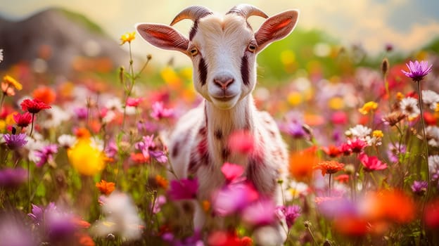 Cute goat in a field with flowers in nature, in the sun's rays. Environmental protection, the problem of ocean and nature pollution. Advertising for a travel agency, pet store, veterinary clinic, phone screensaver, beautiful pictures, puzzles