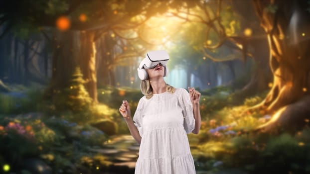 Relaxing woman looking around by VR surround fairytale wonderland forest with bokeh neon light falling meta magical world like fairy tale jungle timer trees tale fantasy magic landscape. Contraption.