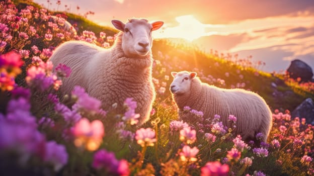 Cute, beautiful sheep in a field with flowers in nature, in sunny pink rays. Environmental protection, the problem of ocean and nature pollution. Advertising travel agency, pet store, veterinary clinic, phone screensaver, beautiful pictures, puzzles