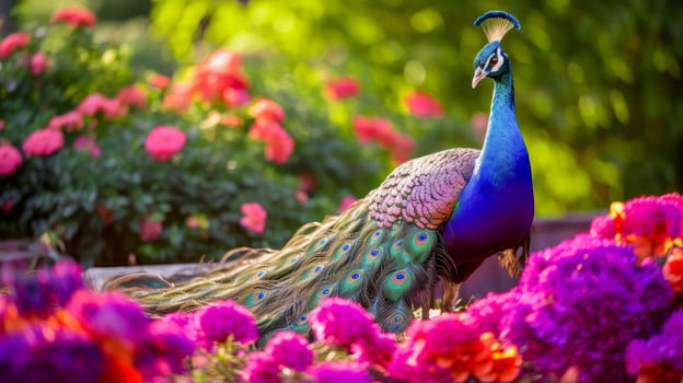 Cute, beautiful peacock in a field with flowers in nature, in sunny pink rays. Environmental protection, nature pollution problem, wild animals. Advertising travel agency, pet store, veterinary clinic, phone screensaver, beautiful pictures, puzzles