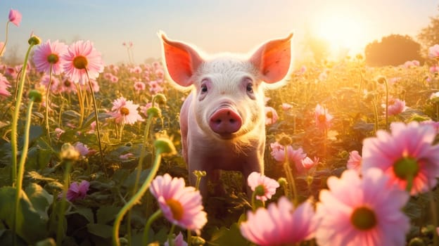 Cute, beautiful pig in a field with flowers in nature, in sunny pink rays. Environmental protection, nature pollution problem, wild animals. Advertising for a travel agency, pet store, veterinary clinic, phone screensaver, beautiful pictures, puzzles