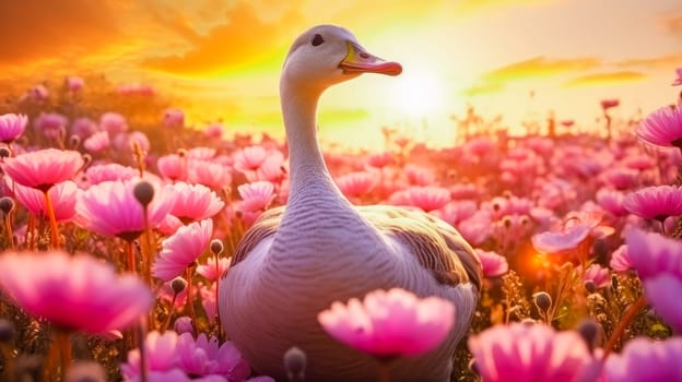 Cute, beautiful goose in a field with flowers in nature, in sunny pink rays. Environmental protection, nature pollution problem, wild animals. Advertising for travel agency, pet store, veterinary clinic, phone screensaver, beautiful pictures, puzzles