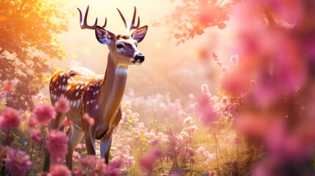 Cute, beautiful deer in a field with flowers in nature, in sunny pink rays. Environmental protection, nature pollution problem, wild animals. Advertising for travel agency, pet store, veterinary clinic, phone screensaver, beautiful pictures, puzzles
