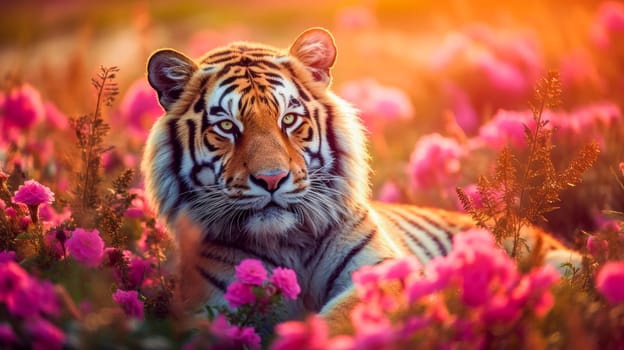 Cute, beautiful tiger in a field with flowers in nature, in sunny pink rays. Environmental protection, nature pollution problem, wild animals. Advertising for travel agency, pet store, veterinary clinic, phone screensaver, beautiful pictures, puzzles